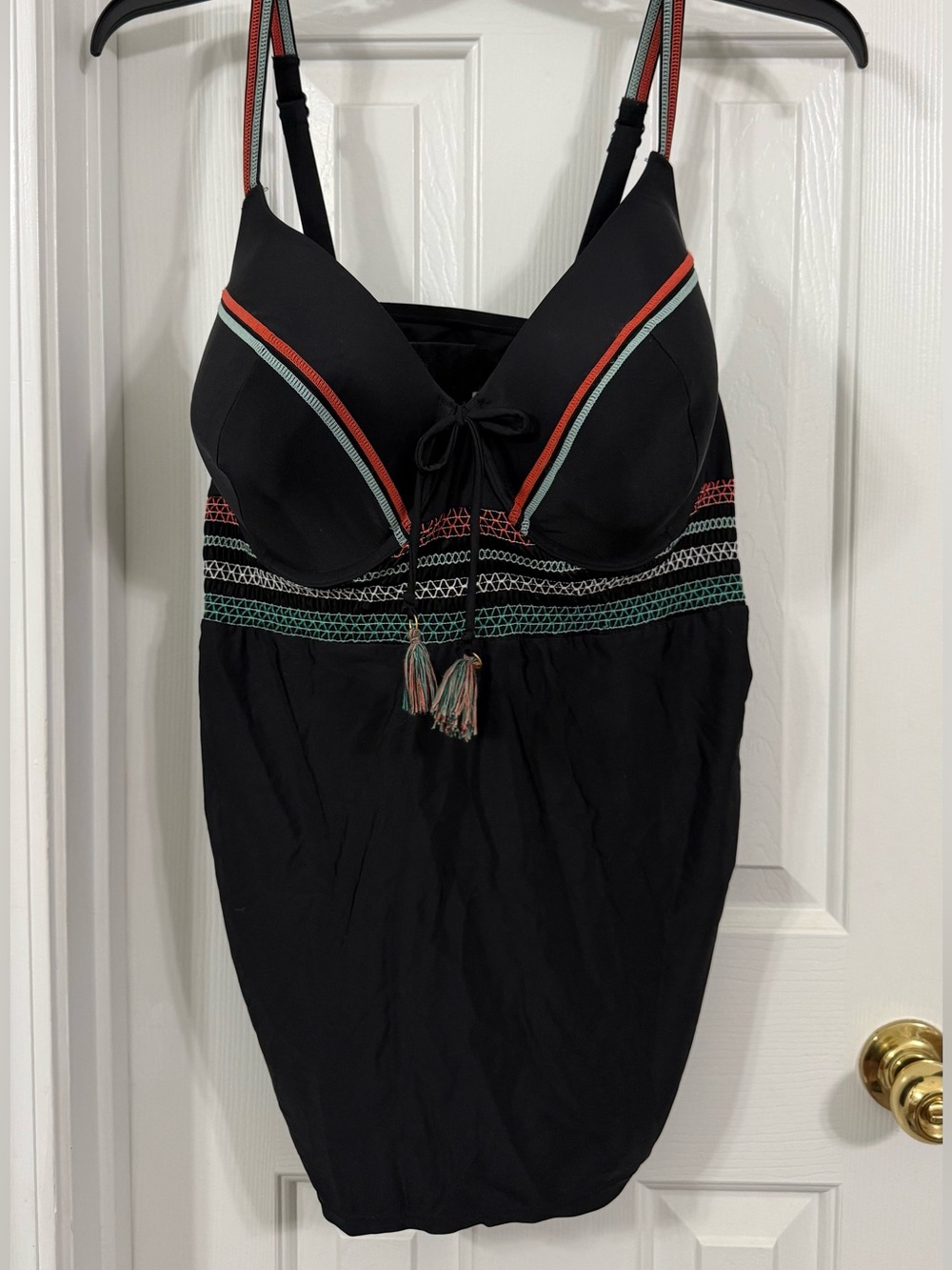 Black Swim Top with Coral and Mint Trim